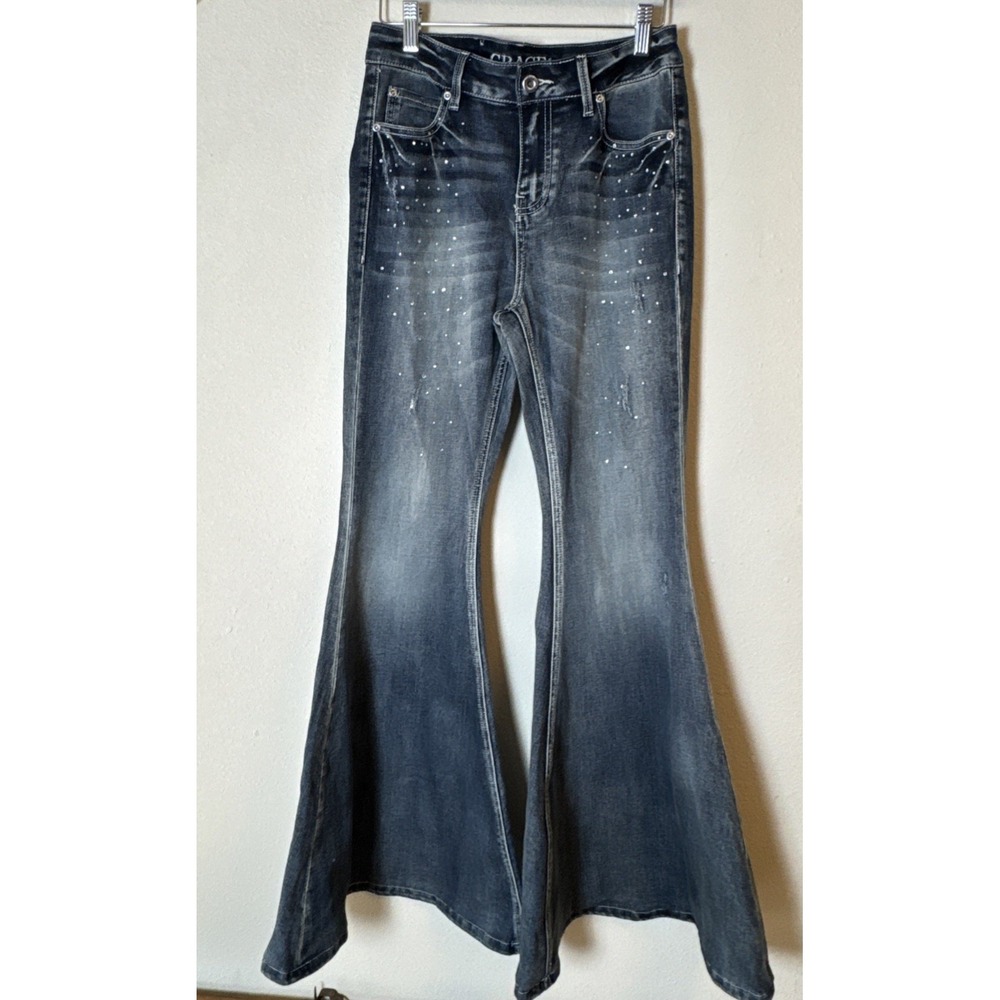 Grace In LA Jeans 27 High Waist Super Flare Distressed Bedazzled Boho